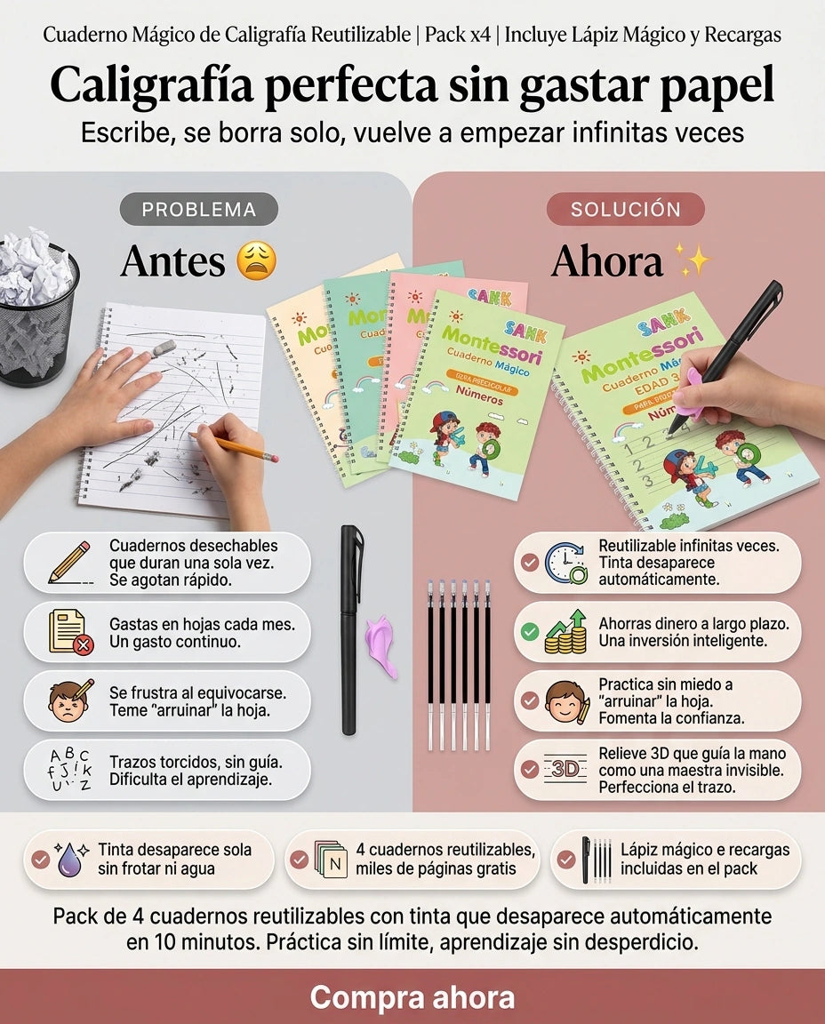 Cuaderno Mágico de Caligrafía Reutilizable | Pack x4 | Incluye Lápiz Mágico y Recargas