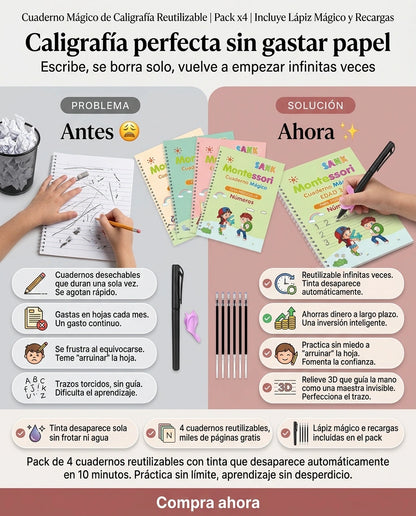 Cuaderno Mágico de Caligrafía Reutilizable | Pack x4 | Incluye Lápiz Mágico y Recargas