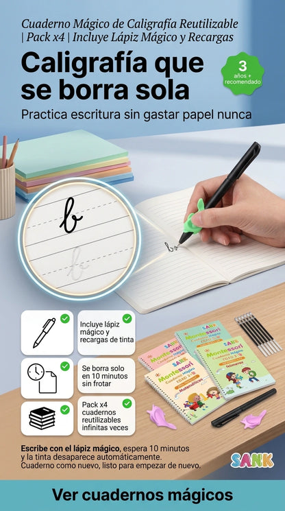 Cuaderno Mágico de Caligrafía Reutilizable | Pack x4 | Incluye Lápiz Mágico y Recargas